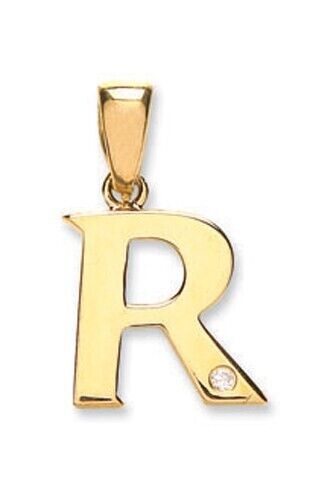 J R Jewellery diamond initial pendant 9ct gold letter R with small diamond detail