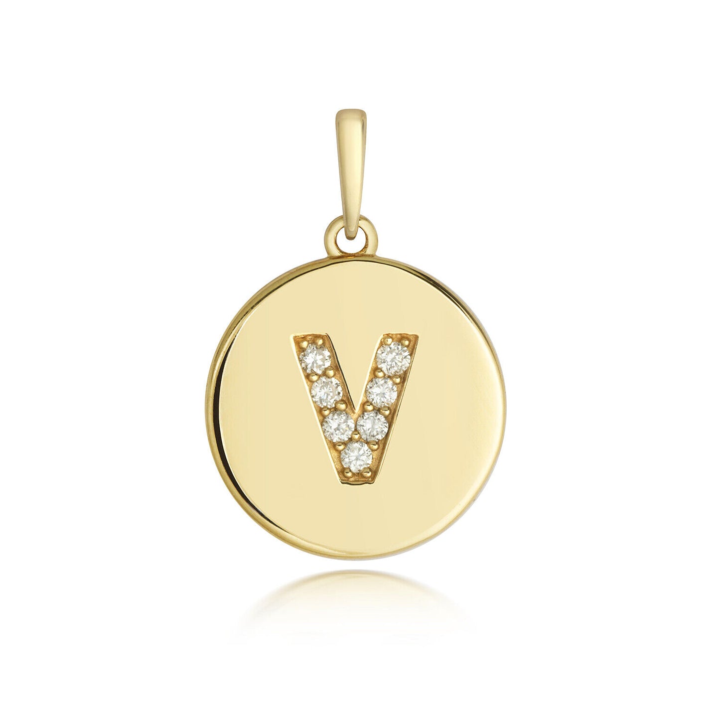 Diamond initial pendant 9ct gold with letter V set with sparkling diamonds on round disc