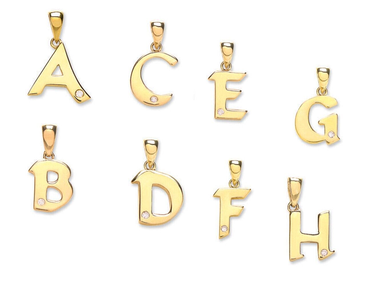Diamond initial pendant 9ct gold letters A B C D E F G H from J R Jewellery collection