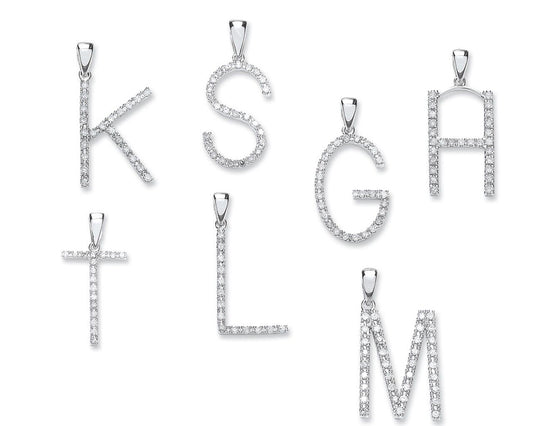 Diamond initial pendant white gold charms displaying letters K S G A T L M with sparkling stones