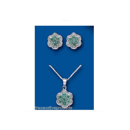 Diamond and Emerald Pendant and Earrings Set Solid Sterling Silver