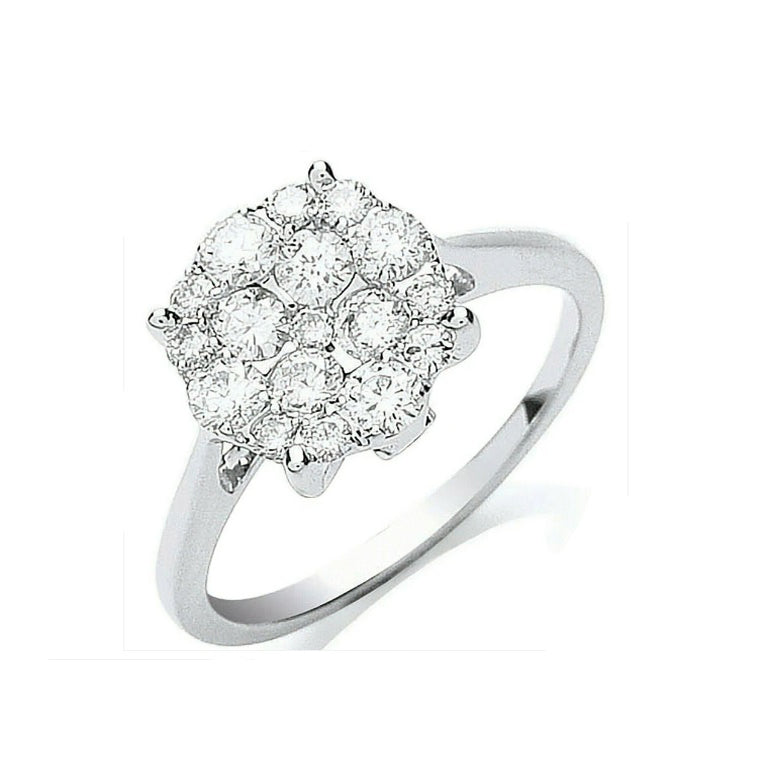 Real Diamond Ring 18ct White Gold Cluster Engagement 0.75 Carat Weight Diamonds