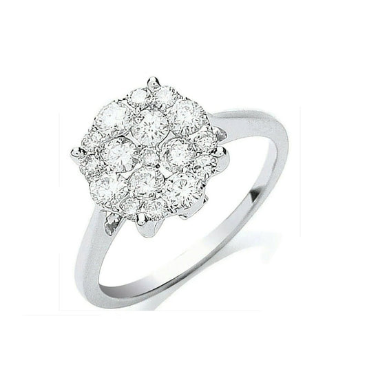 Real Diamond Ring 18ct White Gold Cluster Engagement 0.75 Carat Weight Diamonds