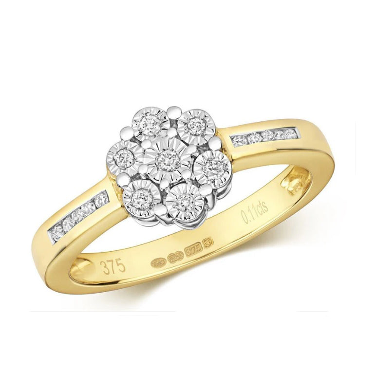 9ct Yellow Gold Diamond Ring Cluster Engagement Size J K L M N O P Q
