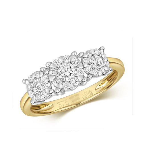 Real Diamond Three Cluster Ring 9ct Yellow Gold 0.51 carat of Diamonds
