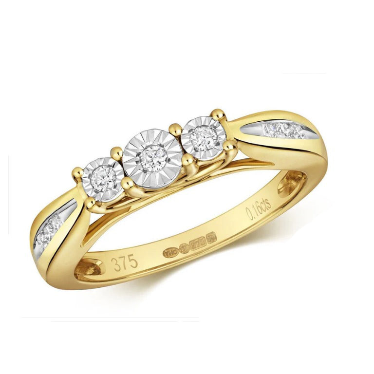 Real Diamond Three Stone Ring 9ct Yellow Gold Trilogy Size J K L M N O P Q