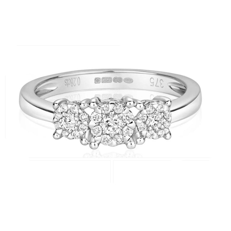 Real Diamond Ring Three Stone Cluster Trilogy 9ct White Gold Engagement Size J-Q