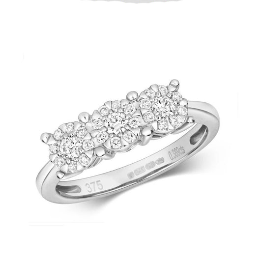 Real Diamond Trilogy Ring 9ct White Gold Three Cluster Engagement 0.39ctw