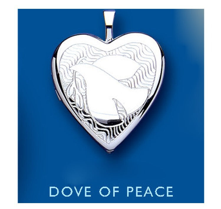 Dove Of Peace Heart Locket in polished silver with detailed dove design and wavy background