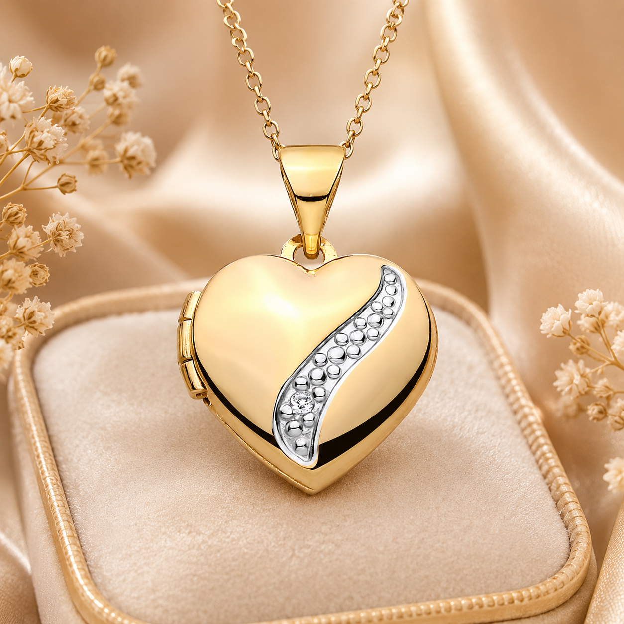 Elegant Gold Heart Locket with a decorative design, perfect for special occasions or personal keepsakes