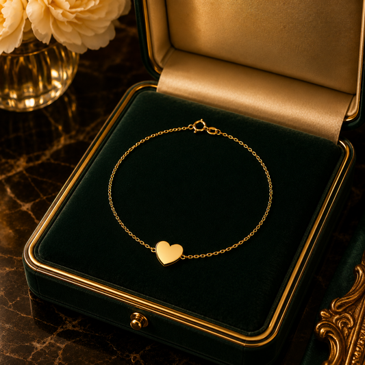 Elegant Polished Heart Chain Bracelet displayed in a luxurious jewellery box