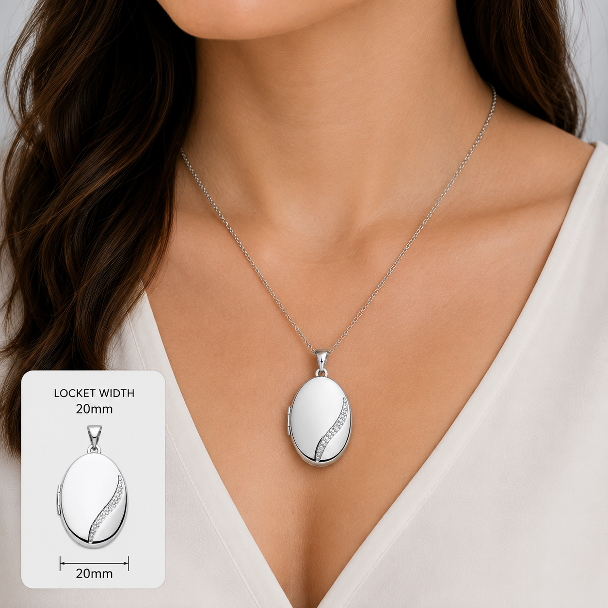 Elegant Silver Oval Locket on a chain, featuring a sleek design and a polished finish