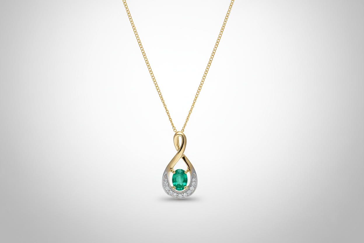 Emerald and Diamond Pendant 9ct Yellow Gold Infinity Twist Necklace 16 - 18"