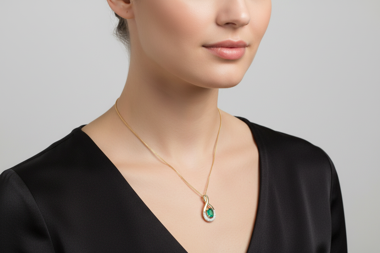 Emerald and Diamond Pendant 9ct Yellow Gold Infinity Twist Necklace 16 - 18"