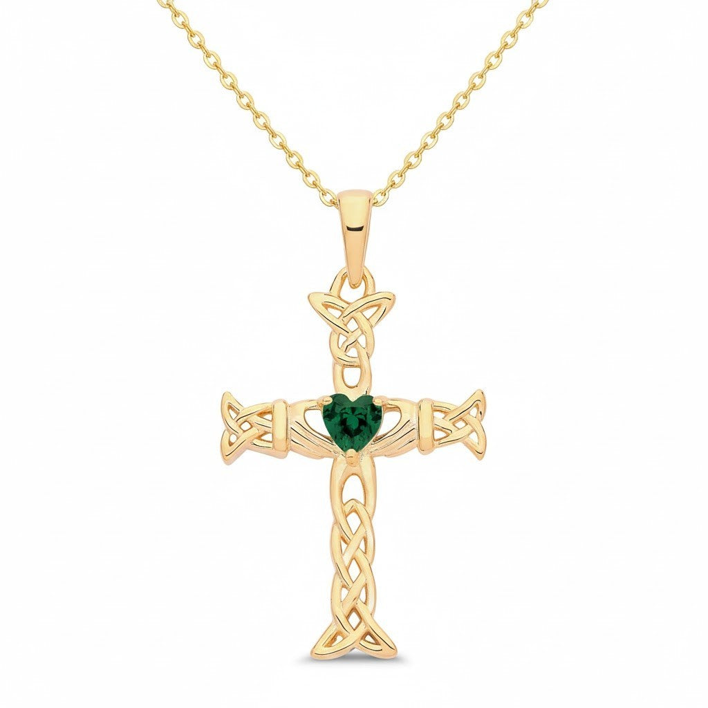 Gold Emerald Claddagh Celtic Cross Pendant Necklace with a Heart-Shaped Green Gemstone