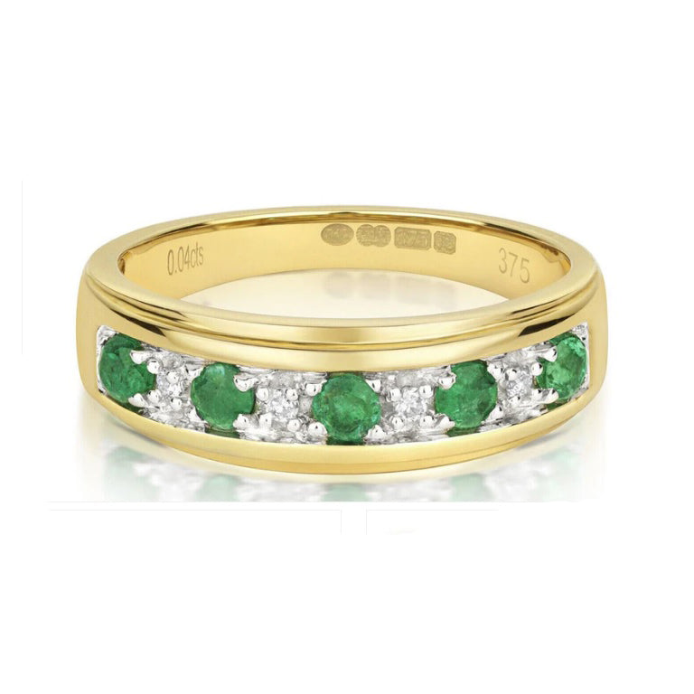 Real Emerald and Diamond Eternity Ring 5mm Band 9ct Yellow Gold