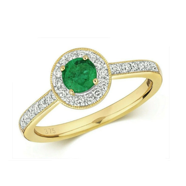 Real Emerald and Diamond Ring 9ct Yellow Gold Round Halo Cluster Engagement