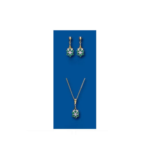 Emerald and Diamond Pendant and Earring Set Drop Earrings Yellow Gold