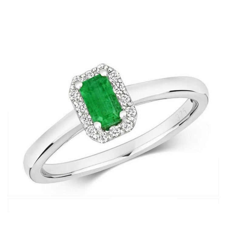 Real Emerald and Diamond Ring Cluster Engagement 9ct White Gold