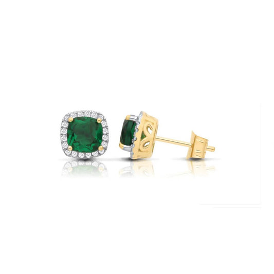 Emerald Cushion Cluster Stud Earrings Solid 9ct Yellow Gold Hallmarked