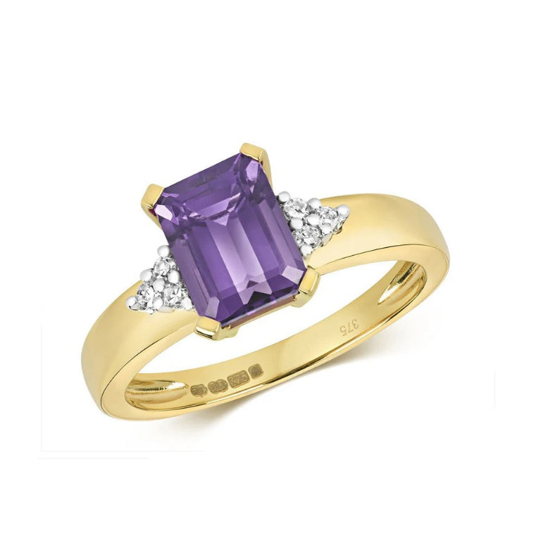 9ct Yellow Gold Amethyst and Diamond Ring 9x6mm Emerald Cut Solitaire Size J - Q
