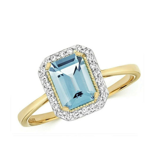 9ct Yellow Gold Blue Topaz and Diamond Ring Emerald Cut Cluster Size JKLMNOPQ