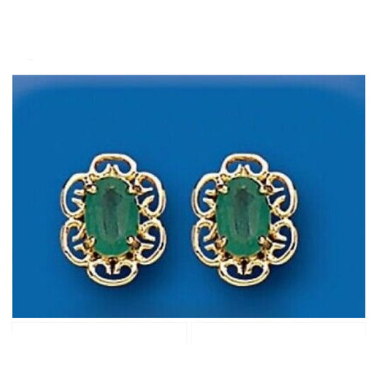 9ct Gold Emerald Stud Earrings Yellow Gold Filigree May Birthstone Hallmark