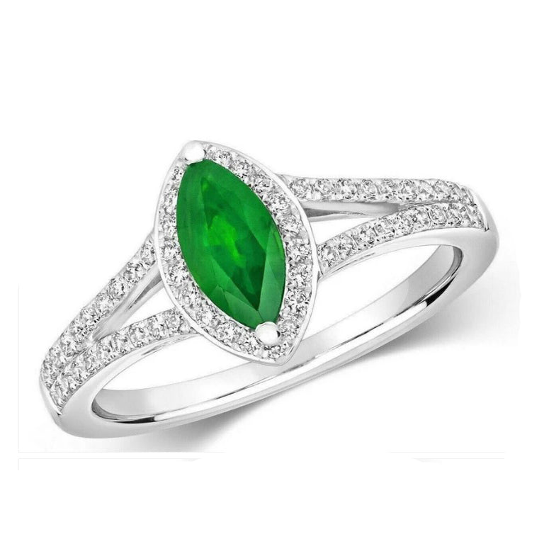 Real Emerald Marquise and Diamond Ring 18ct White Gold Cluster Engagement Halo
