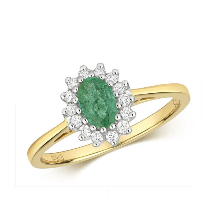 Real Emerald and Diamond Ring 9ct Yellow Gold Oval Cluster Engagement