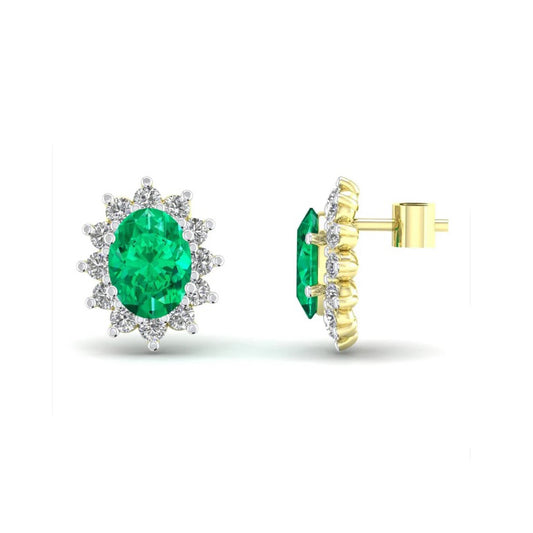 Emerald Oval Cluster Stud Earrings Solid 9ct Yellow Gold Claw Set Hallmarked