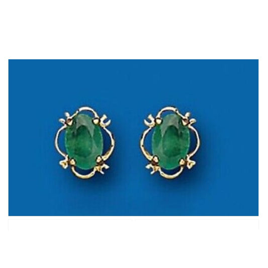 9ct Gold Emerald Earrings Oval Solitaire Stud Yellow Gold May Birthstone