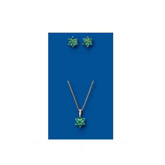 Emerald Pendant & Earrings Set Cluster Solid Yellow Gold Hallmarked