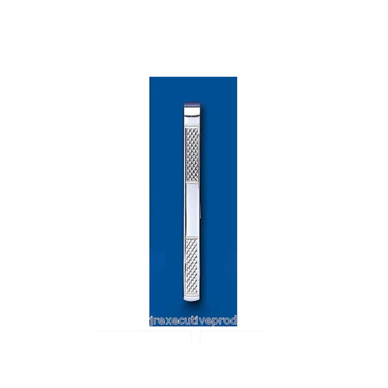 Engine turned men's tie bar in polished silver finish by J R Jewellery on blue background