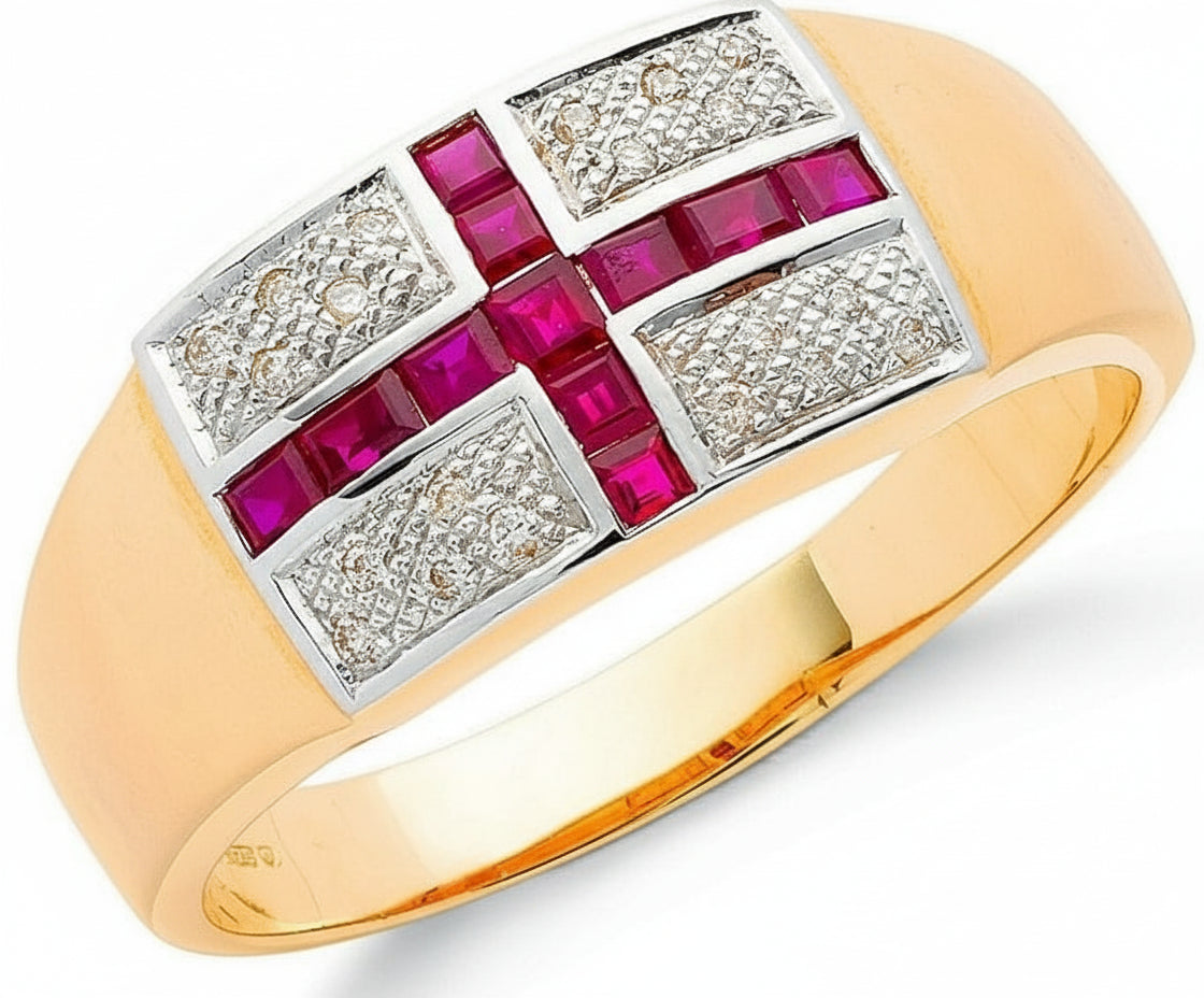 Gold ring with red gemstones and silver accents on a white background