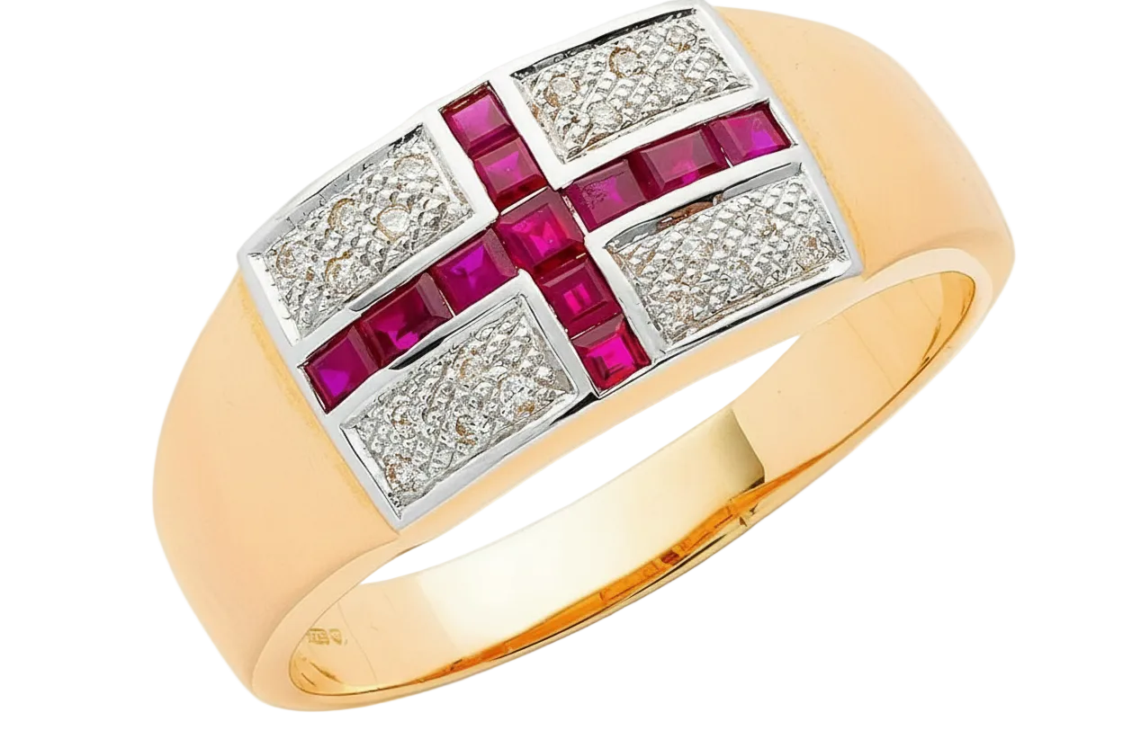 J R Jewellery Men's Diamond England Ring Hallmarked Yellow Gold Real Ruby St George UK Made