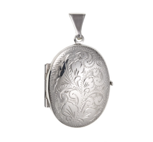 Engraved Family Locket in Silver with Intricate Floral Design and Secure Clasp