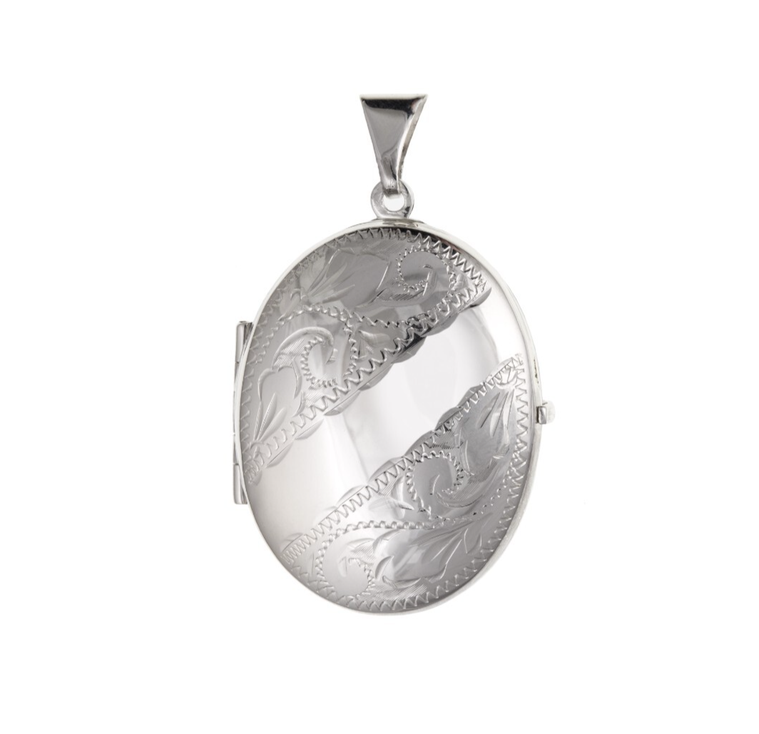 Elegant silver Engraved Family Locket with intricate floral patterns and a secure clasp
