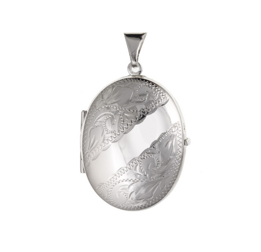 Elegant silver Engraved Family Locket with intricate floral patterns and a secure clasp