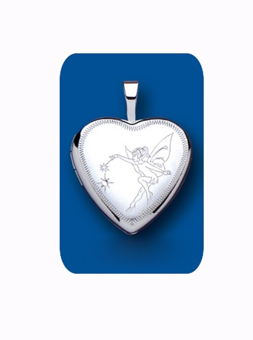 Fairy Design Heart Locket in Sterling Silver with Intricate Engraving and Polished Finish