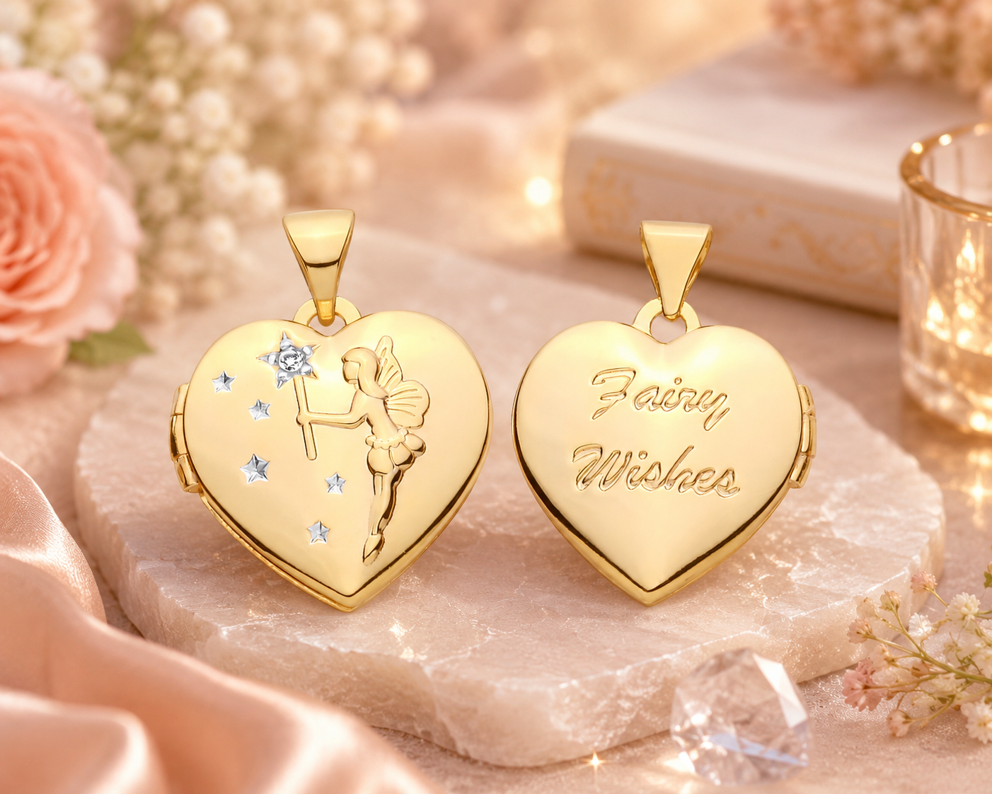 J R Jewellery Fairy Wishes Heart Locket in gold with intricate fairy and star design