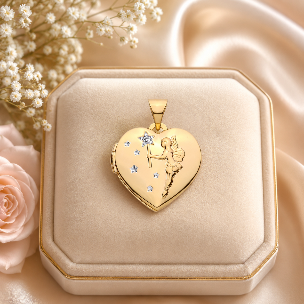 Gold Fairy Wishes Heart Locket with Fairy Design and Stars on Soft Fabric Background