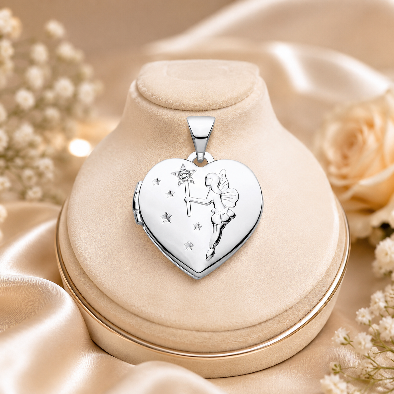 Fairy Wishes Heart Locket in Silver with Fairy Design and Star Accents on Display