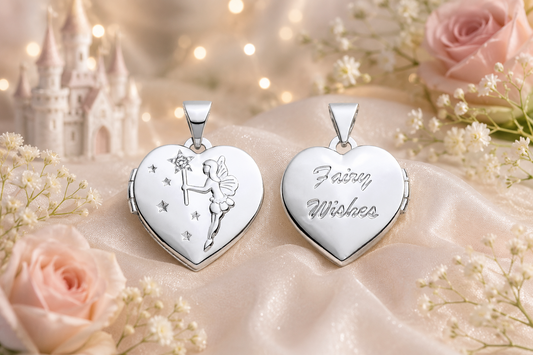 Silver Fairy Wishes Heart Locket with fairy engraving, perfect for cherished memories