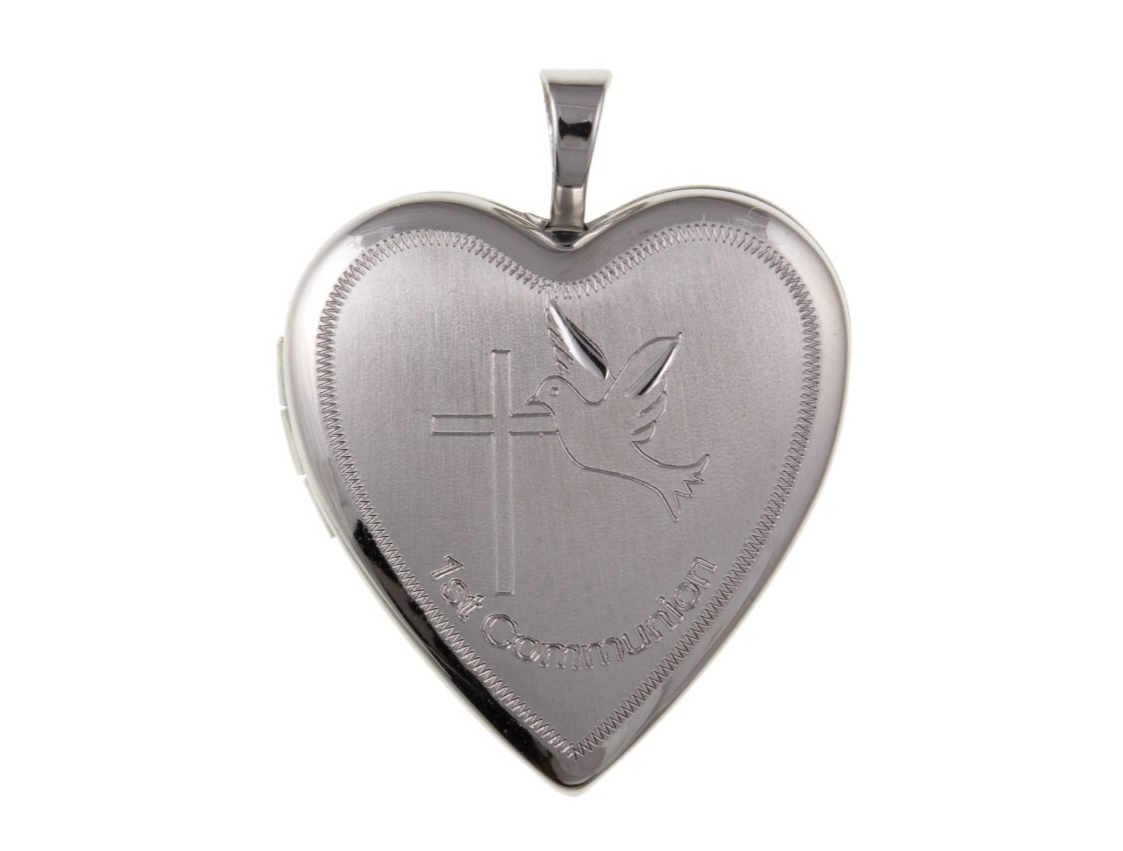 First Communion Heart Locket in polished silver with dove and cross engraving