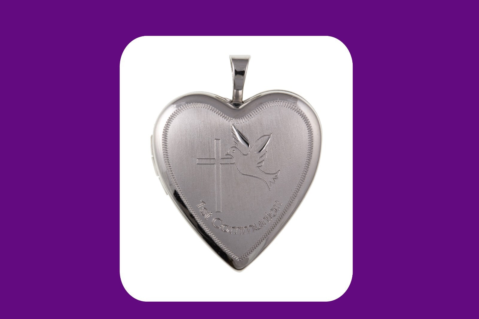 First Communion Heart Locket in Silver with Engraved Cross and Dove Design for Keepsakes