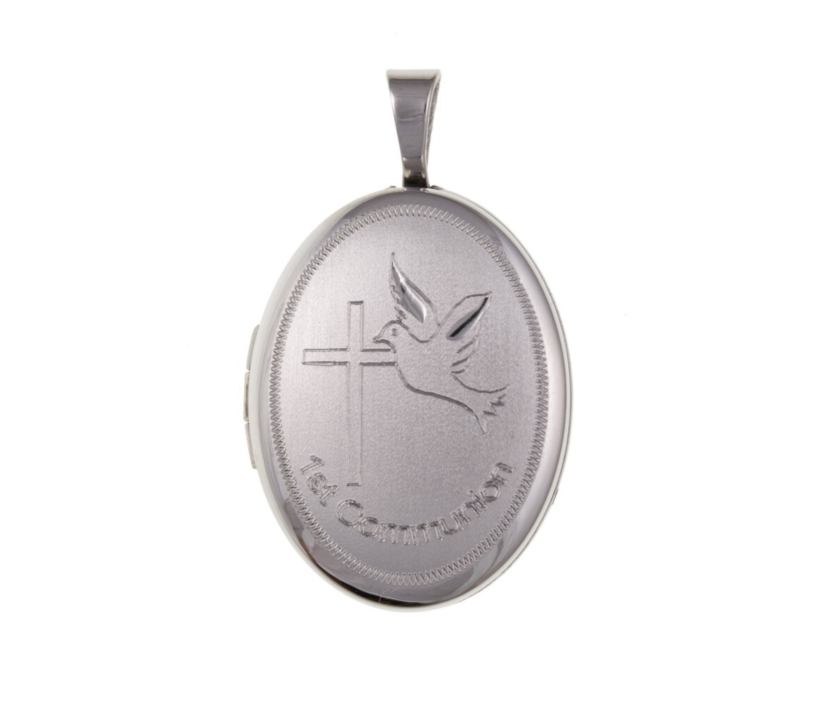 First Communion Oval Locket in Silver with Engraved Cross and Dove Design