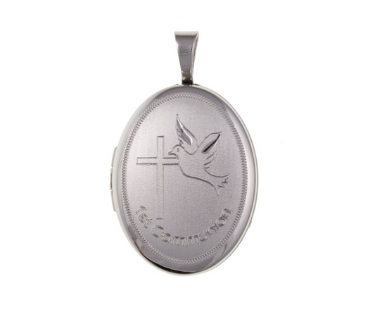First Communion Oval Locket in Silver with Engraved Cross and Dove Design