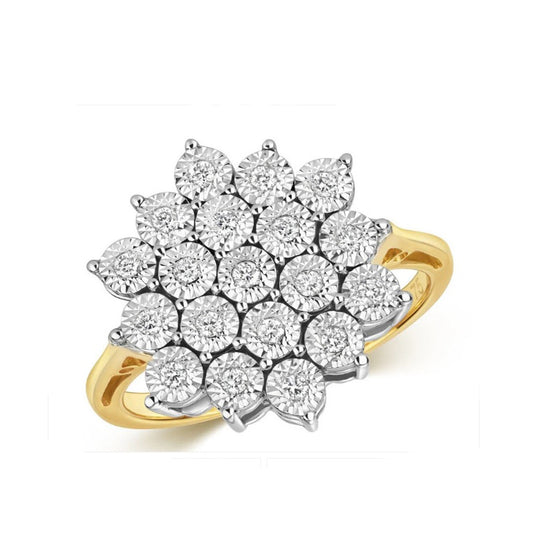 Real Diamond Ring Large Cluster 9ct Yellow Gold Engagement 0.20ctw Size J - Q