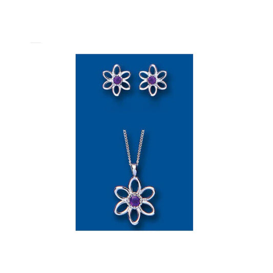 Amethyst Pendant and Earrings Set Solid Sterling Silver Flower Design
