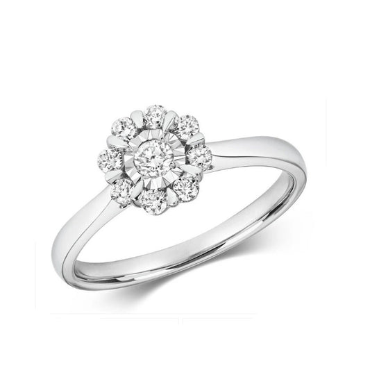 Real Diamond Ring Flower Cluster 9ct White Gold Engagement 0.32ctw Size J - Q